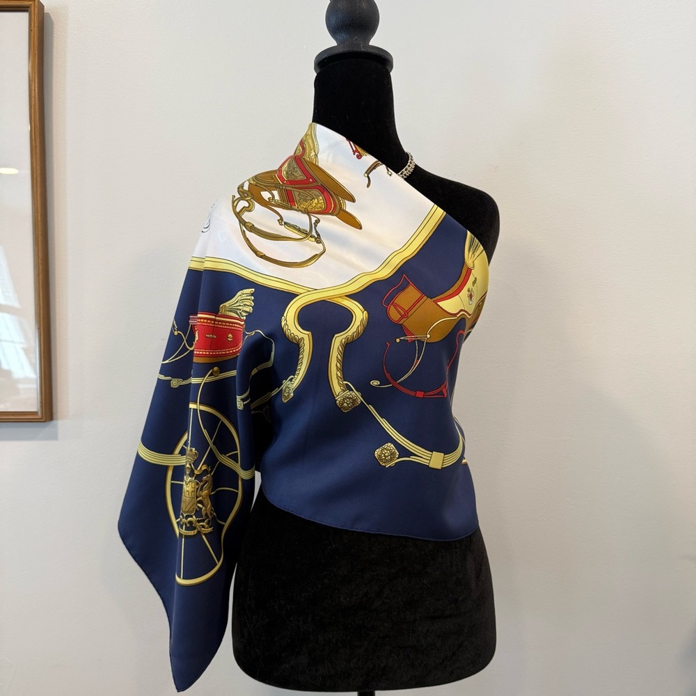 Authentic Hermes Elegant Blue and Gold Silk Scarf - Picture 9 of 10